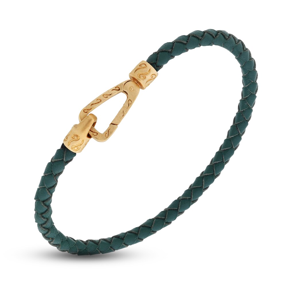 Marco Dal Maso Men's Woven Green Leather Bracelet Sterling Silver/18K Yellow Gold-Plated 8" 9CnFSxVt