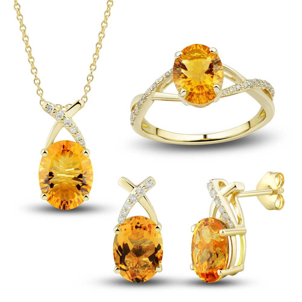Natural Citrine Ring, Earring & Necklace Set 1/5 ct tw Diamonds 10K Yellow Gold A4LdNy6C [A4LdNy6C]