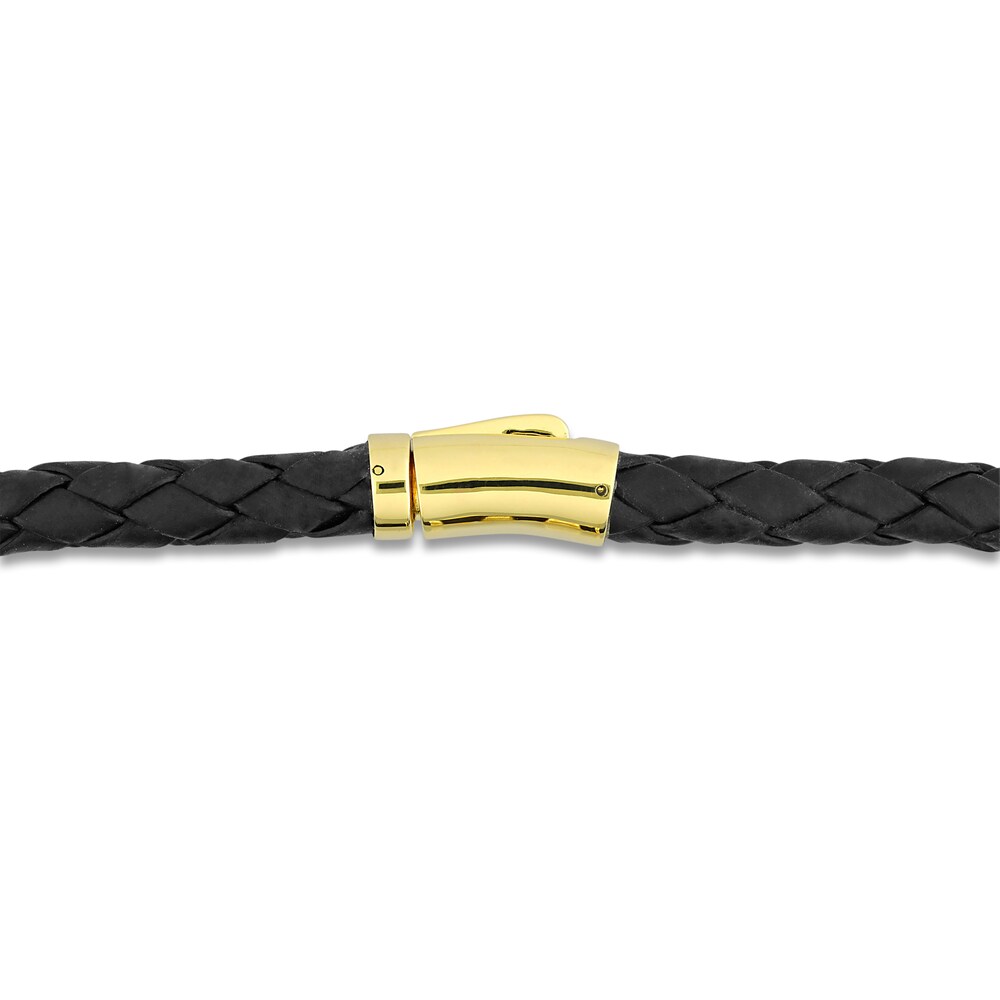 Men\'s Woven Black Leather Bracelet 14K Yellow Gold 9\" COgOh4VF