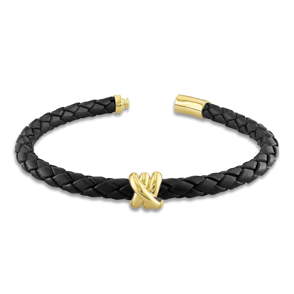 Men\'s Woven Black Leather Bracelet 14K Yellow Gold 9\" COgOh4VF