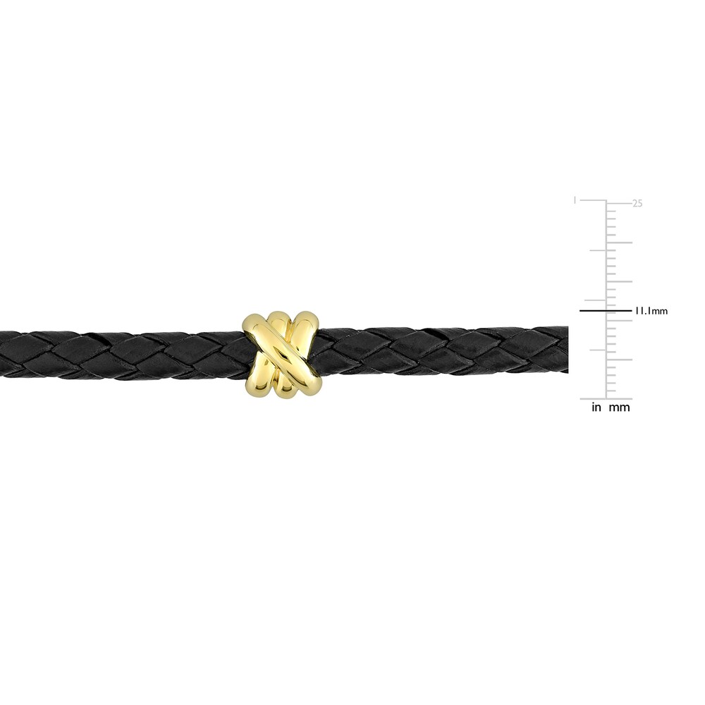 Men\'s Woven Black Leather Bracelet 14K Yellow Gold 9\" COgOh4VF