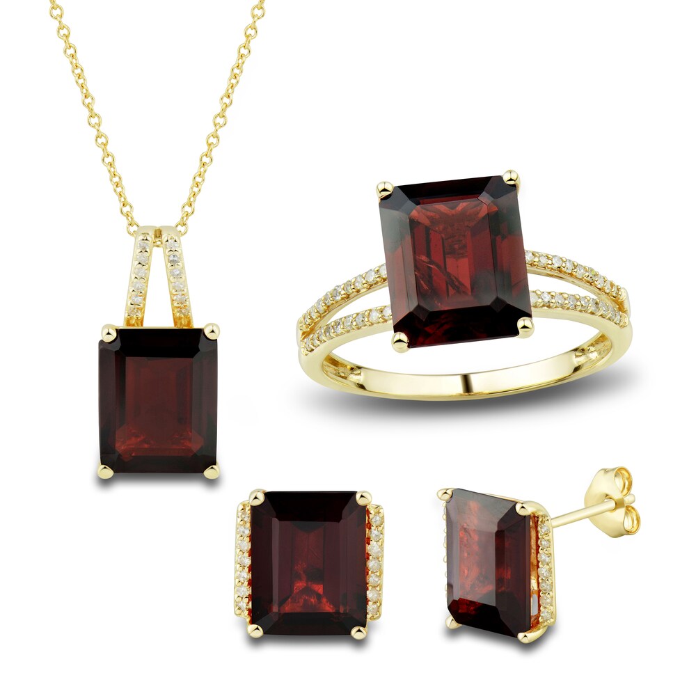 Natural Garnet Ring, Earring & Necklace Set 1/5 ct tw Diamonds 10K Yellow Gold CXW2KS0v [CXW2KS0v]