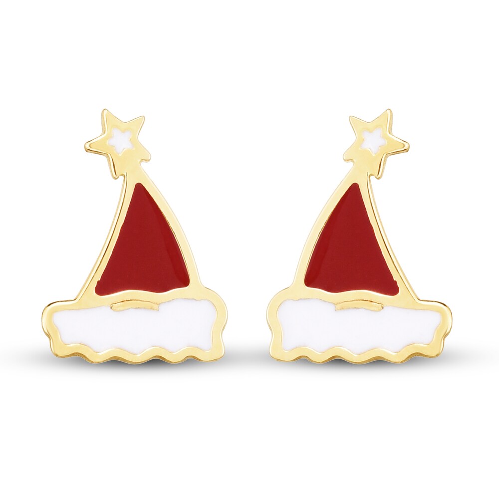 Santa Hat Stud Earrings Red/White Enamel 14K Yellow Gold D9NcmSEJ