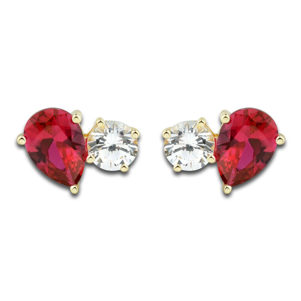 Lab-Created White Sapphire & Lab-Created Ruby Stud Earrings 10K Yellow Gold FGQByGzj