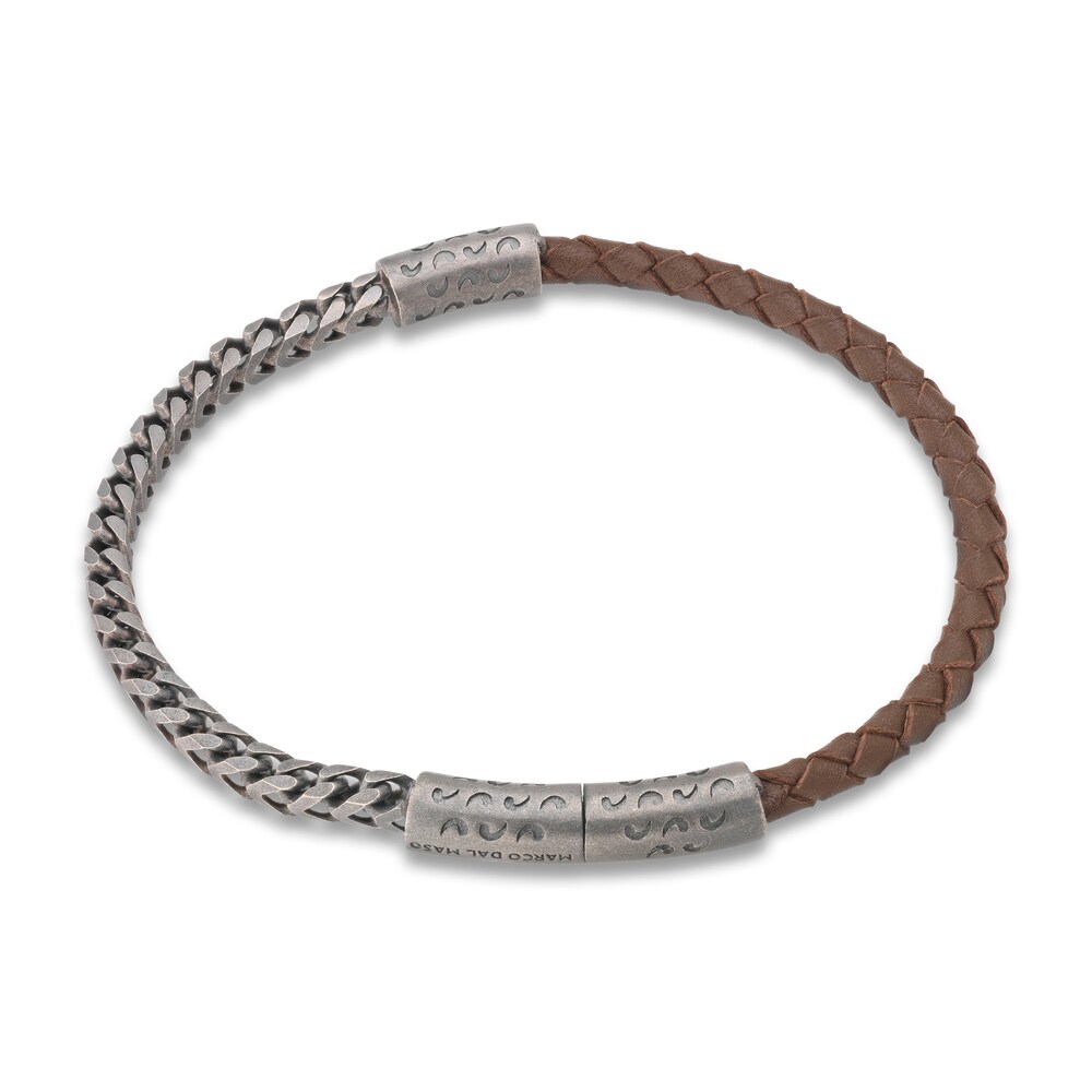 Marco Dal Maso Men\'s Mixed Chain & Woven Brown Leather Bracelet Sterling Silver 8\" JJ6Q4GDM