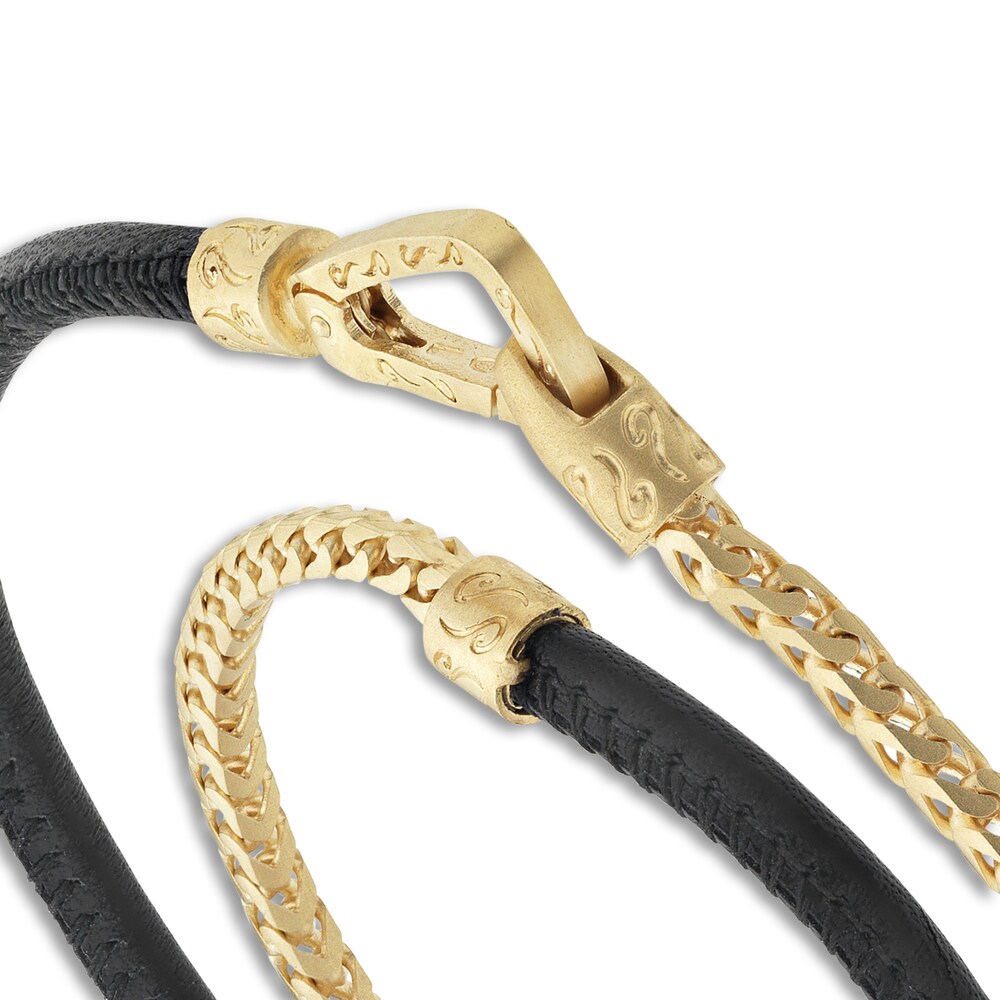 Marco Dal Maso Men\'s Double Black Leather Bracelet Sterling Silver/18K Yellow Gold-Plated 16\" KWEghSS1