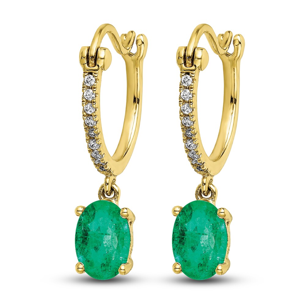 Natural Emerald Hoop Dangle Earrings 1/10 ct tw Diamonds 14K Yellow Gold KZFPmxnL