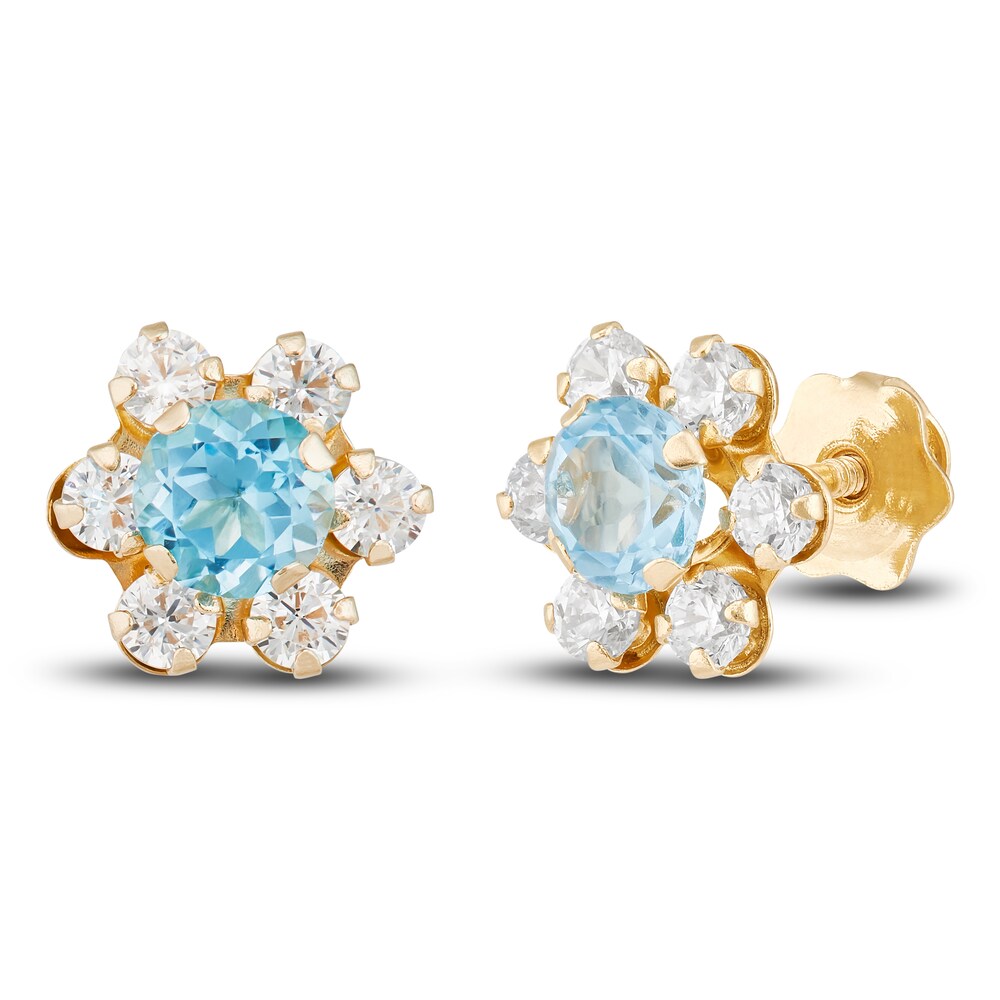 Natural White & Blue Topaz Flower Stud Earrings 14K Yellow Gold NAnmAiJK