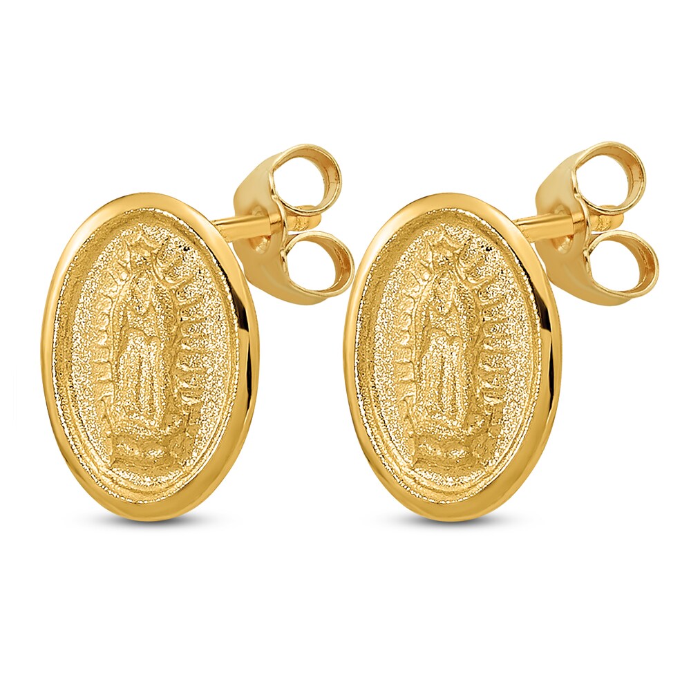 Virgin Mary Medallion Stud Earrings 14K Yellow Gold OVPbszBe