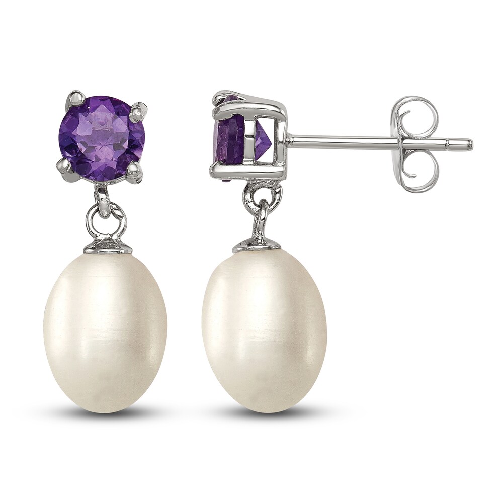 Cultured Freshwater Pearl & Natural Amethyst Dangle Earrings Sterling Silver OqVrEqHX