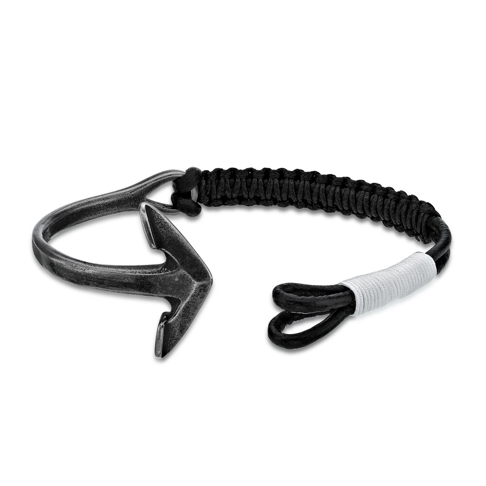 Men\'s Waxed Cord/Black Leather Bracelet Stainless Steel 8.5\" Q0lM0aPr