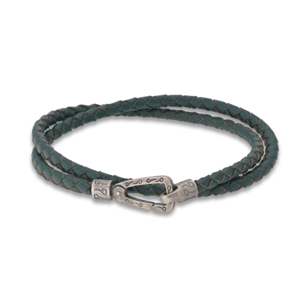 Marco Dal Maso Men\'s Woven Green Leather Double Wrap Bracelet Sterling Silver 16\" QA1DFxtu