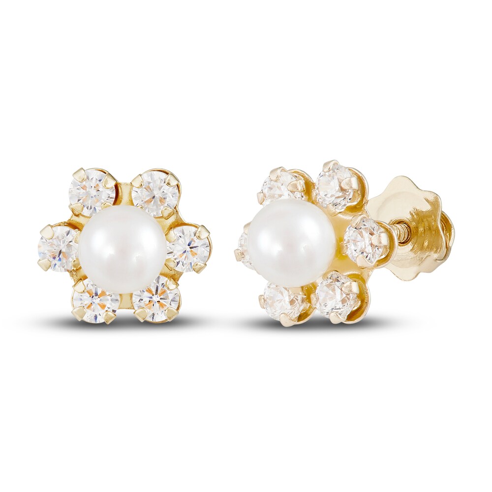 Cultured Freshwater Pearl & Natural White Topaz Flower Stud Earring 14K Yellow Gold QRJctej4