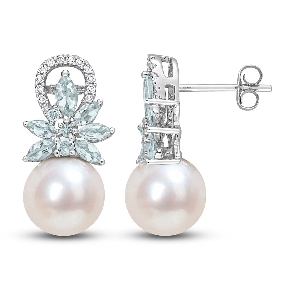 Cultured Freshwater Pearl & Natural Aquamarine Earrings 1/8 ct tw Diamonds 14K White Gold QmH7x3QH [QmH7x3QH]