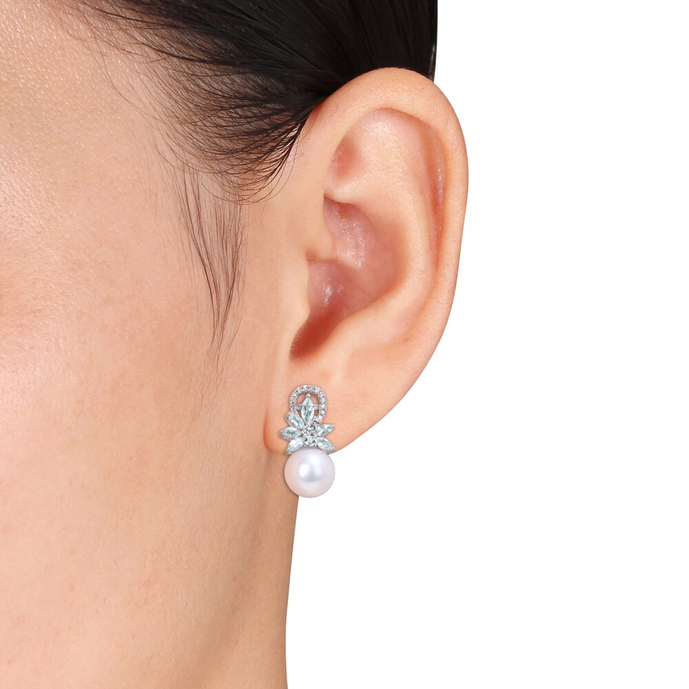 Cultured Freshwater Pearl & Natural Aquamarine Earrings 1/8 ct tw Diamonds 14K White Gold QmH7x3QH