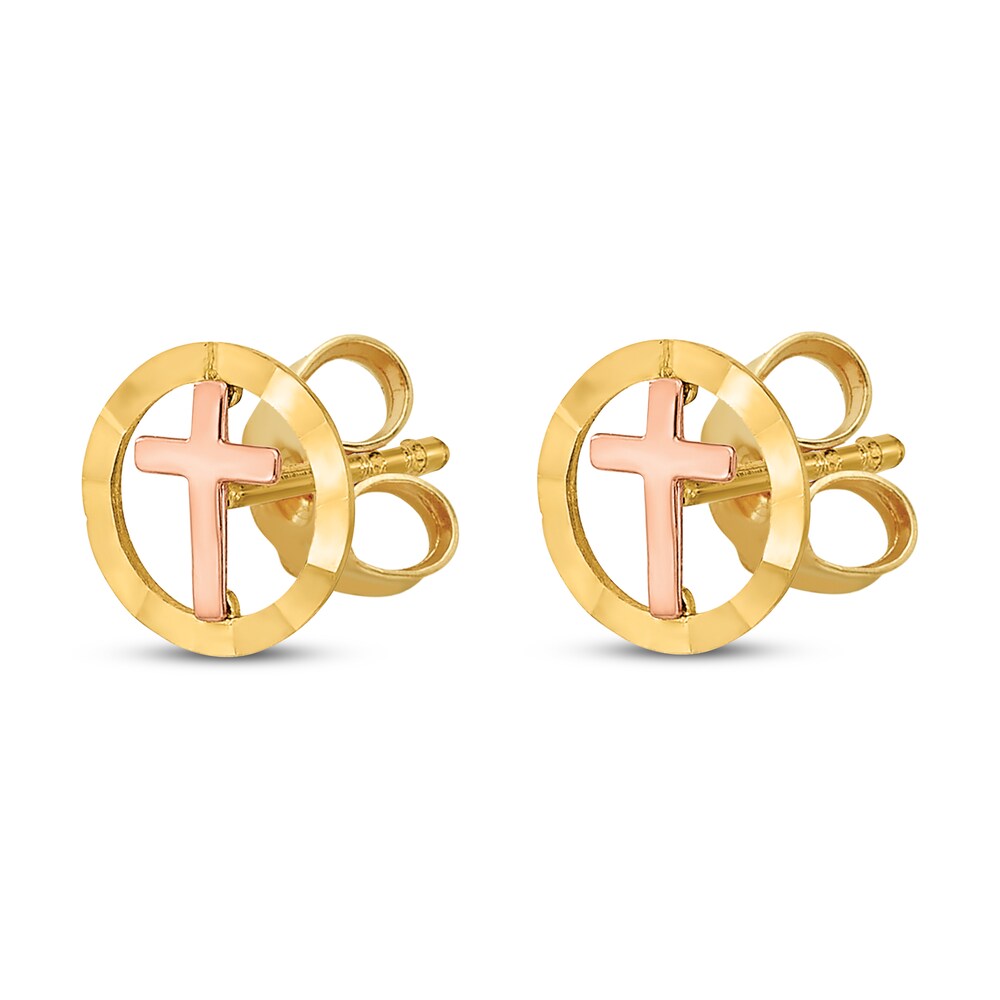 Circle with Cross Stud Earrings 14K Two-Tone Gold UdQQi7n5