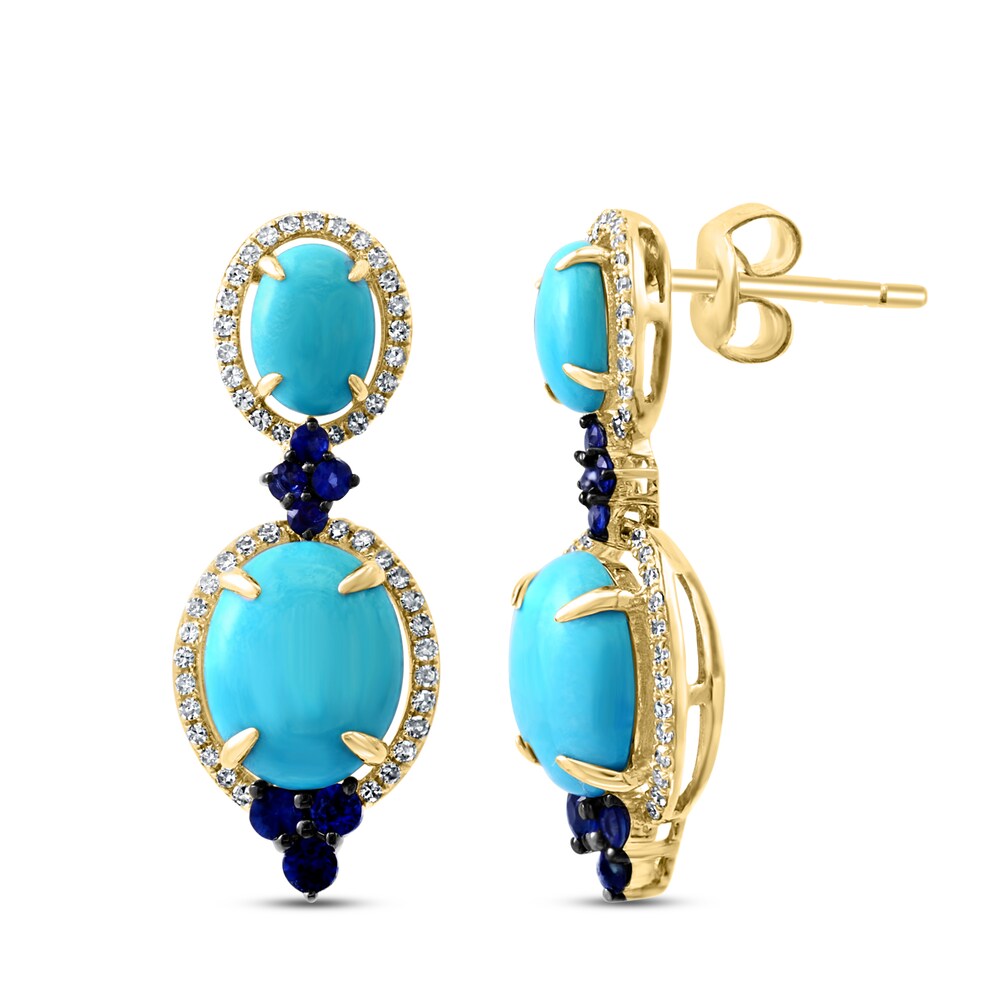 LALI Jewels Natural Blue Sapphire & Natural Turquoise Earrings 3/8 ct tw Diamonds 14K Yellow Gold YpLoebYa [YpLoebYa]