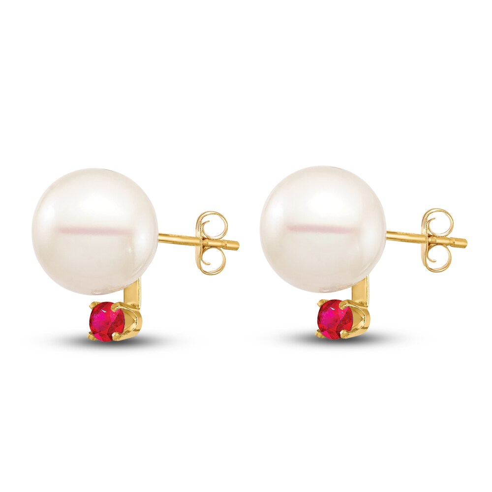 Cultured Freshwater Pearl & Natural Ruby Stud Earrings 14K Yellow Gold a3Rvu7fb