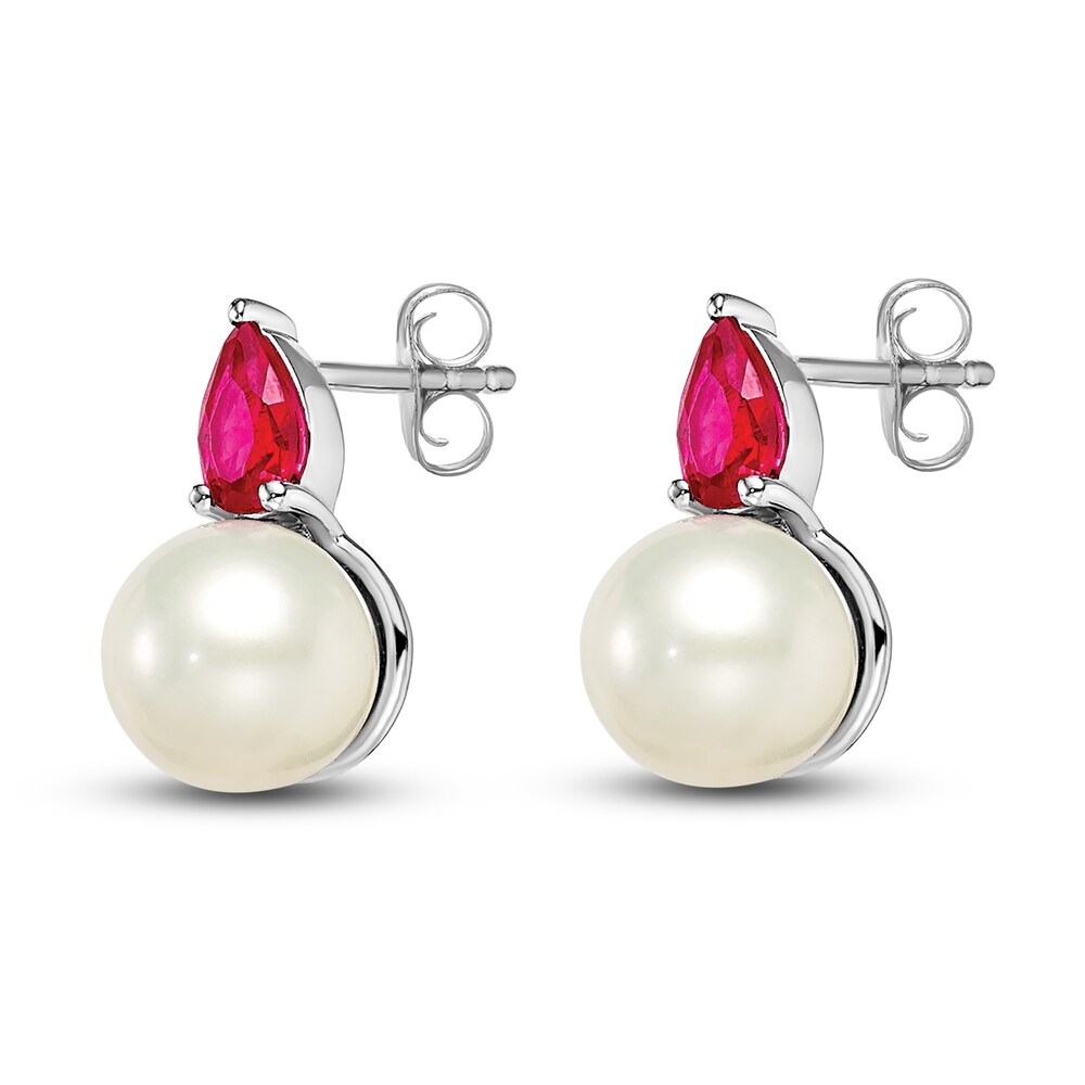 Cultured Freshwater Pearl & Natural Ruby Stud Earrings 14K White Gold a4I3QAUg