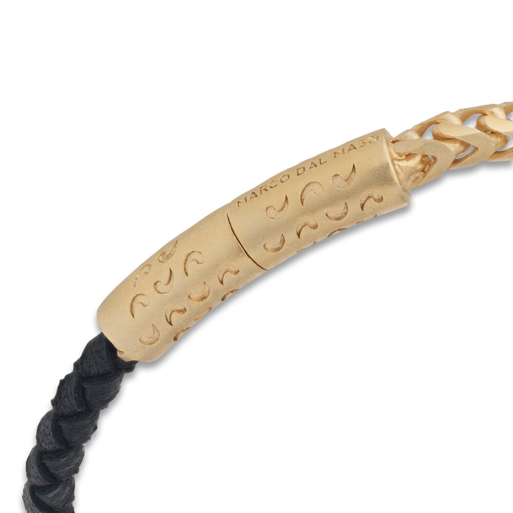 Marco Dal Maso Men\'s Black Leather Bracelet Sterling Silver/18K Yellow Gold-Plated 8\" avPIFGy7