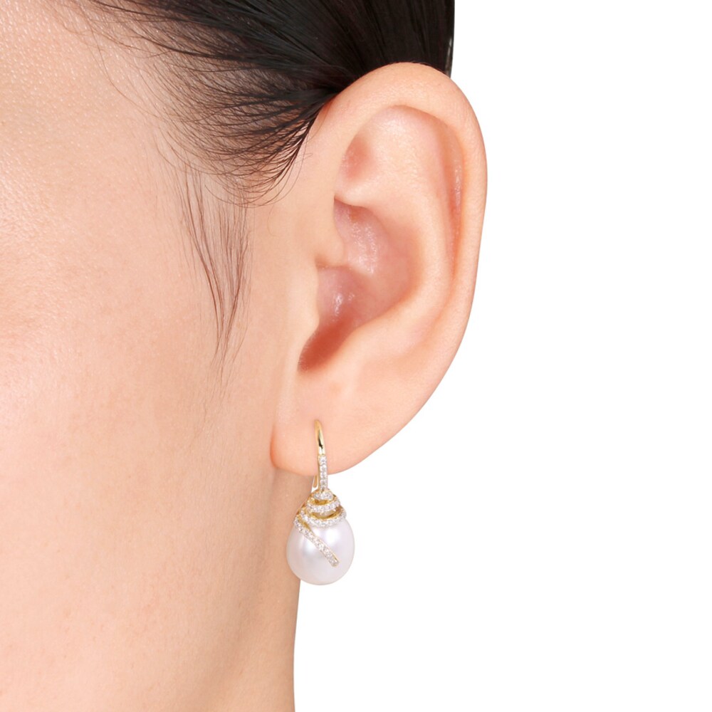 Cultured Pearl Earrings 1/3 ct tw Diamonds 14K Yellow Gold dWE0yr4c