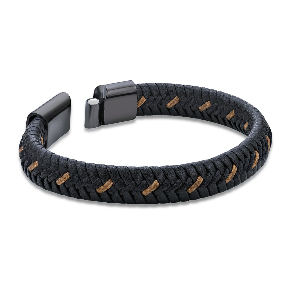 Men\'s Woven Leather Cord Bracelet Stainless Steel 8.5\" eSz0u3Hi