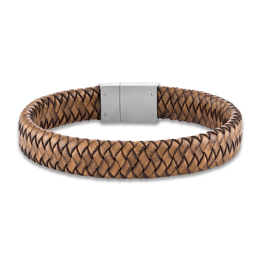 Men's Woven Bracelet Brown Leather Stainless Steel 8.5" inAMi310
