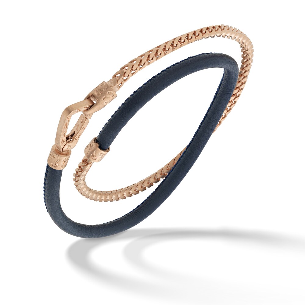 Marco Dal Maso Men\'s Double Blue Leather/Foxtail Chain Bracelet Sterling Silver/18K Rose Gold-Plated 16\" jLZcGI5s