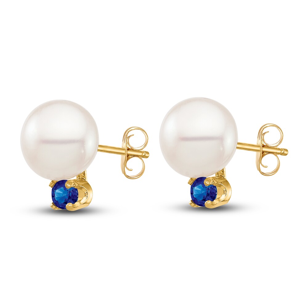 Cultured Freshwater Pearl & Natural Blue Sapphire Stud Earrings 14K Yellow Gold k7JFJ2eE