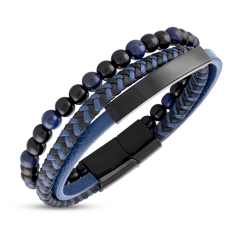 Natural Sodalite Bracelet Blue & Black Leather Stainless Steel kuNdXAiJ