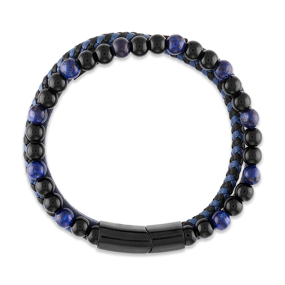 Natural Sodalite Bracelet Blue & Black Leather Stainless Steel kuNdXAiJ