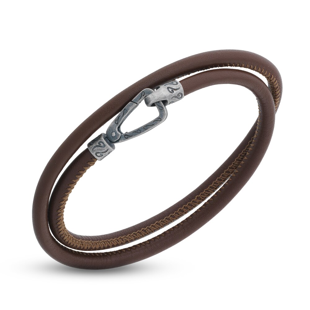 Marco Dal Maso Men's Smooth Brown Leather Double Wrap Bracelet Sterling Silver 16" nMdQhrt7