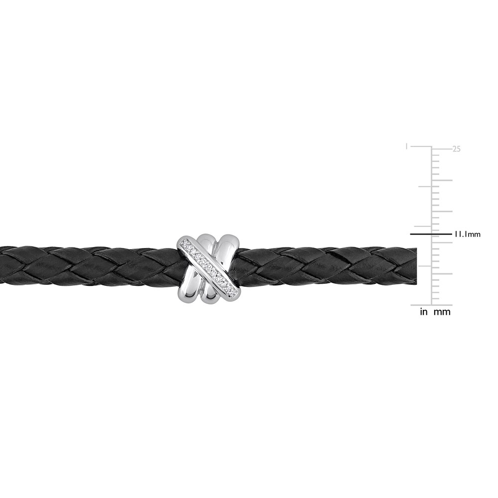 Men\'s Diamond & Woven Black Leather Bracelet 1/20 ct tw Round 14K White Gold 9\" oU0bOLZs