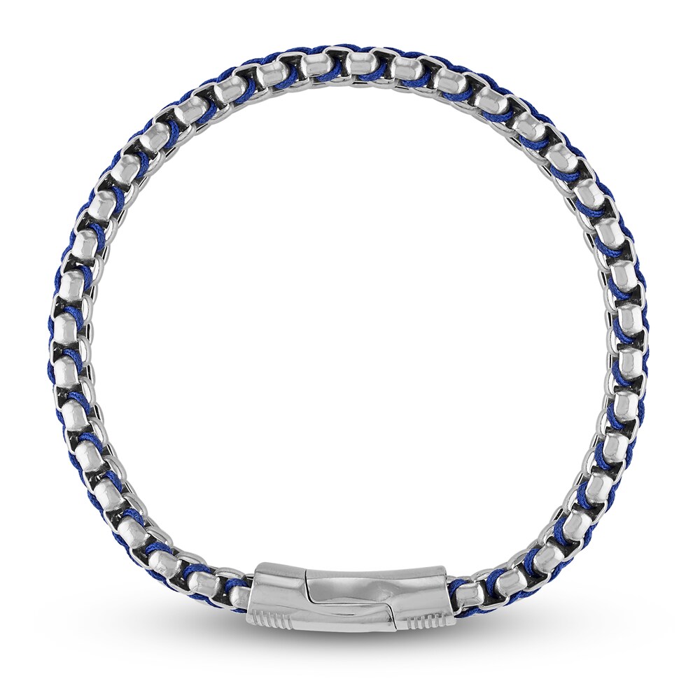 Men\'s Blue Cord & Box Chain Bracelet Ion-Plated Stainless Steel 8.5\" qg83u4zL