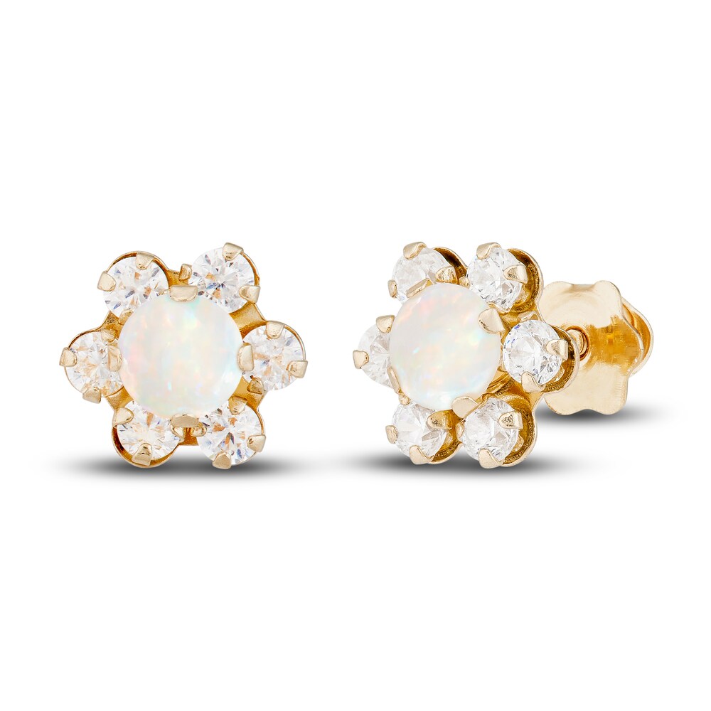 Natural Opal & Natural White Topaz Flower Stud Earrings 14K Yellow Gold sw9zft3L