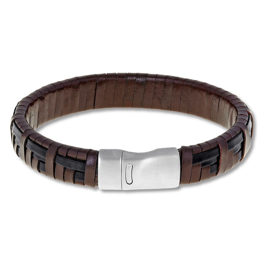 Men\'s Brown Leather Woven Bracelet Stainless Steel 8.75\" tgWFUd0r