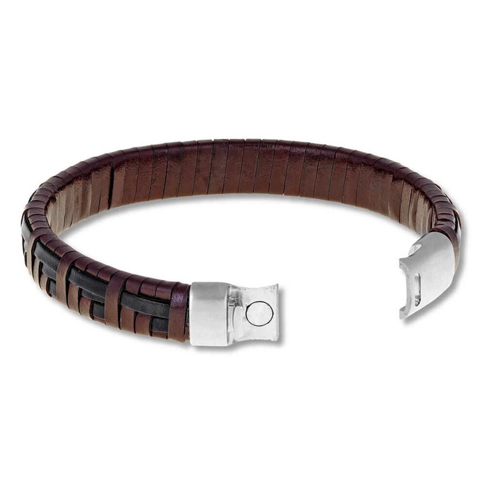 Men\'s Brown Leather Woven Bracelet Stainless Steel 8.75\" tgWFUd0r