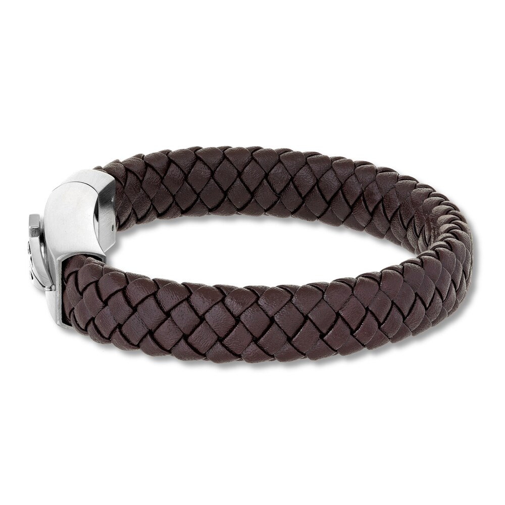 Men\'s Woven Bracelet Black Leather Stainless Steel 8.5\" wB7tLnvv