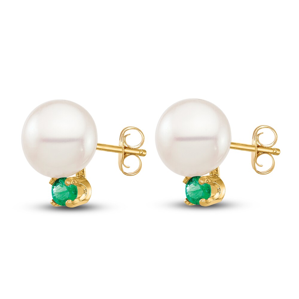 Cultured Freshwater Pearl & Natural Emerald Stud Earrings 14K Yellow Gold wuxD0x4P