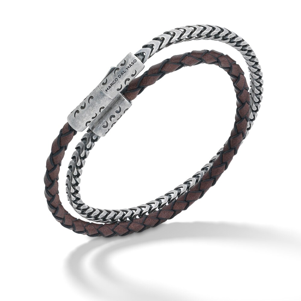 Marco Dal Maso Men's Double Wrap Mixed Chain & Woven Brown Leather Bracelet Sterling Silver 8" xRPm5ito