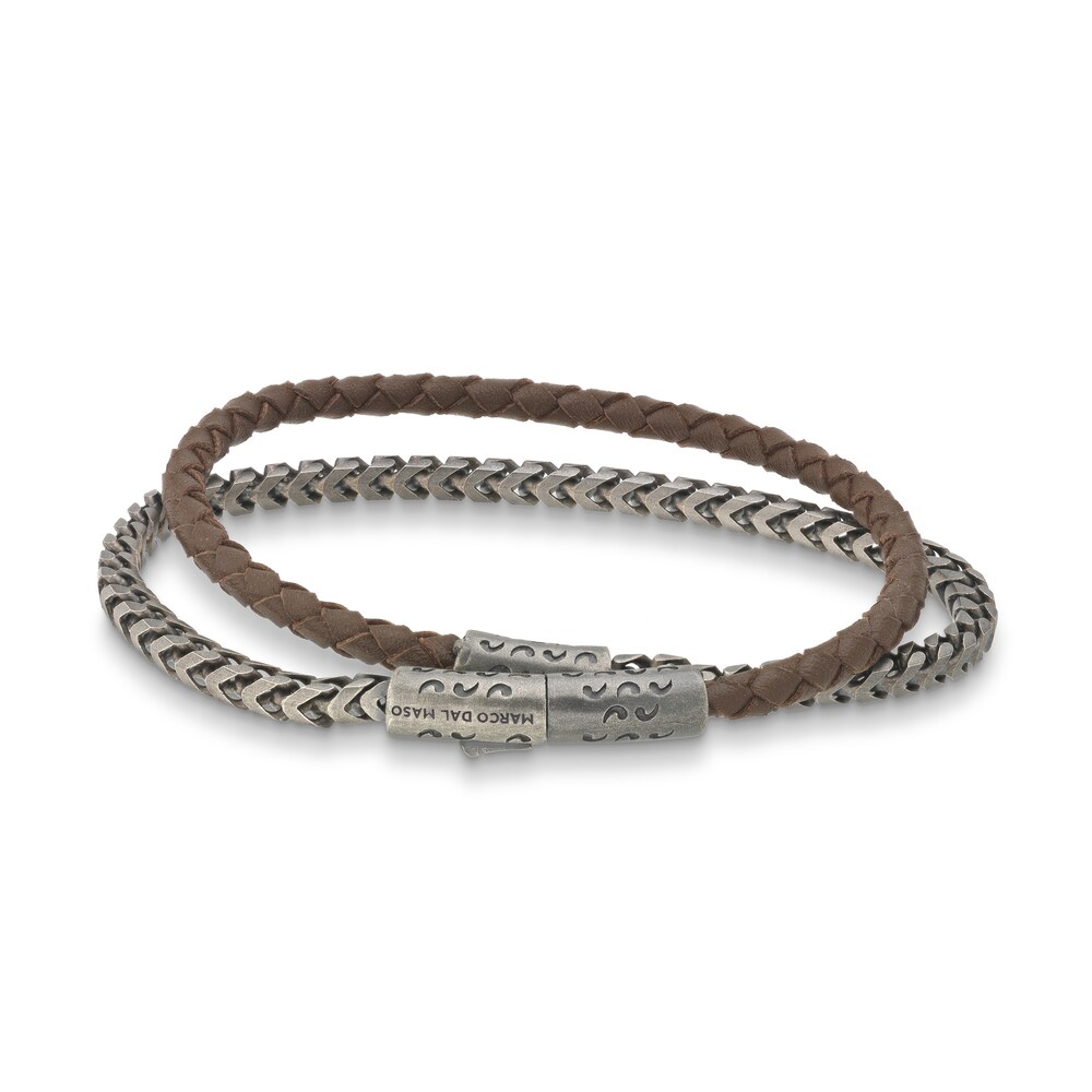 Marco Dal Maso Men\'s Double Wrap Mixed Chain & Woven Brown Leather Bracelet Sterling Silver 8\" xRPm5ito