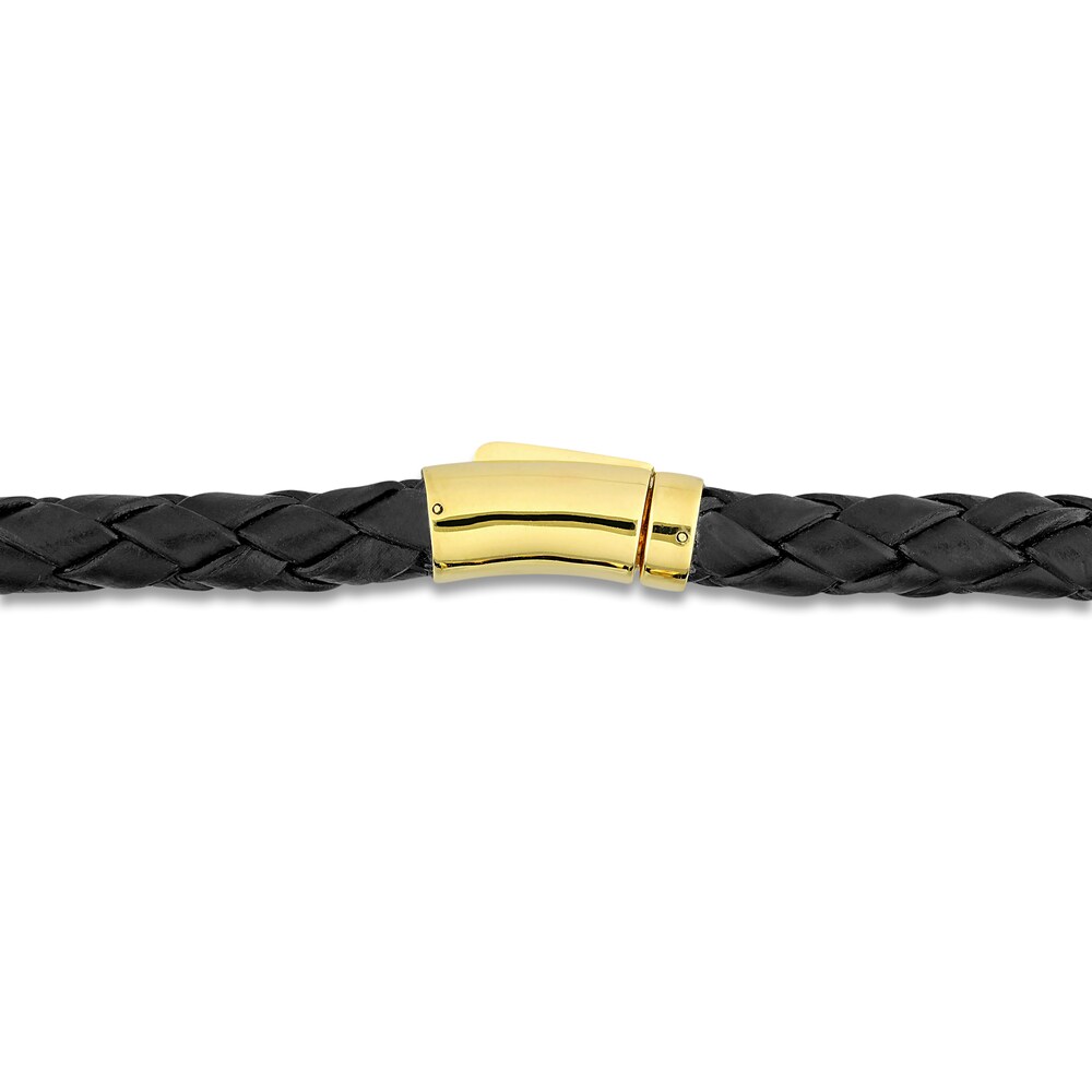 Men\'s Black Diamond & Woven Black Leather Bracelet 1/20 ct tw Round 14K Yellow Gold 9\" xYUOFqlA