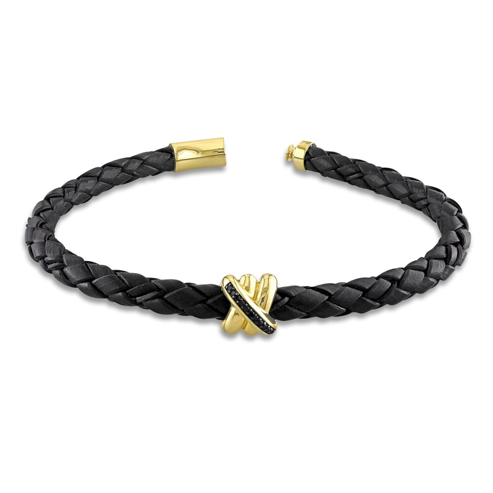 Men\'s Black Diamond & Woven Black Leather Bracelet 1/20 ct tw Round 14K Yellow Gold 9\" xYUOFqlA