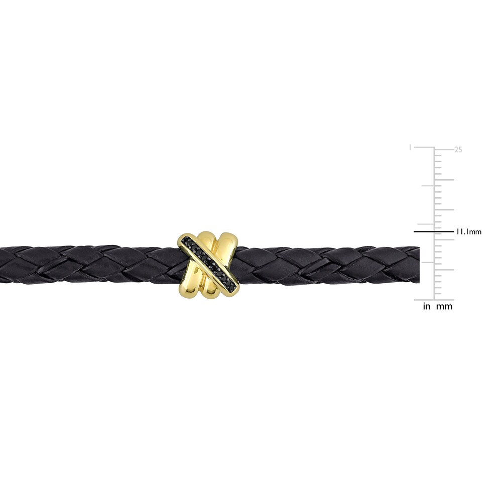 Men\'s Black Diamond & Woven Black Leather Bracelet 1/20 ct tw Round 14K Yellow Gold 9\" xYUOFqlA