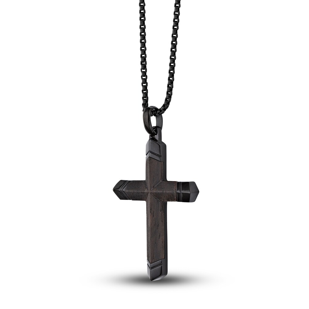 Men\'s Black Wooden Cross Pendant Necklace Stainless Steel 24\" 1XNuo8ME