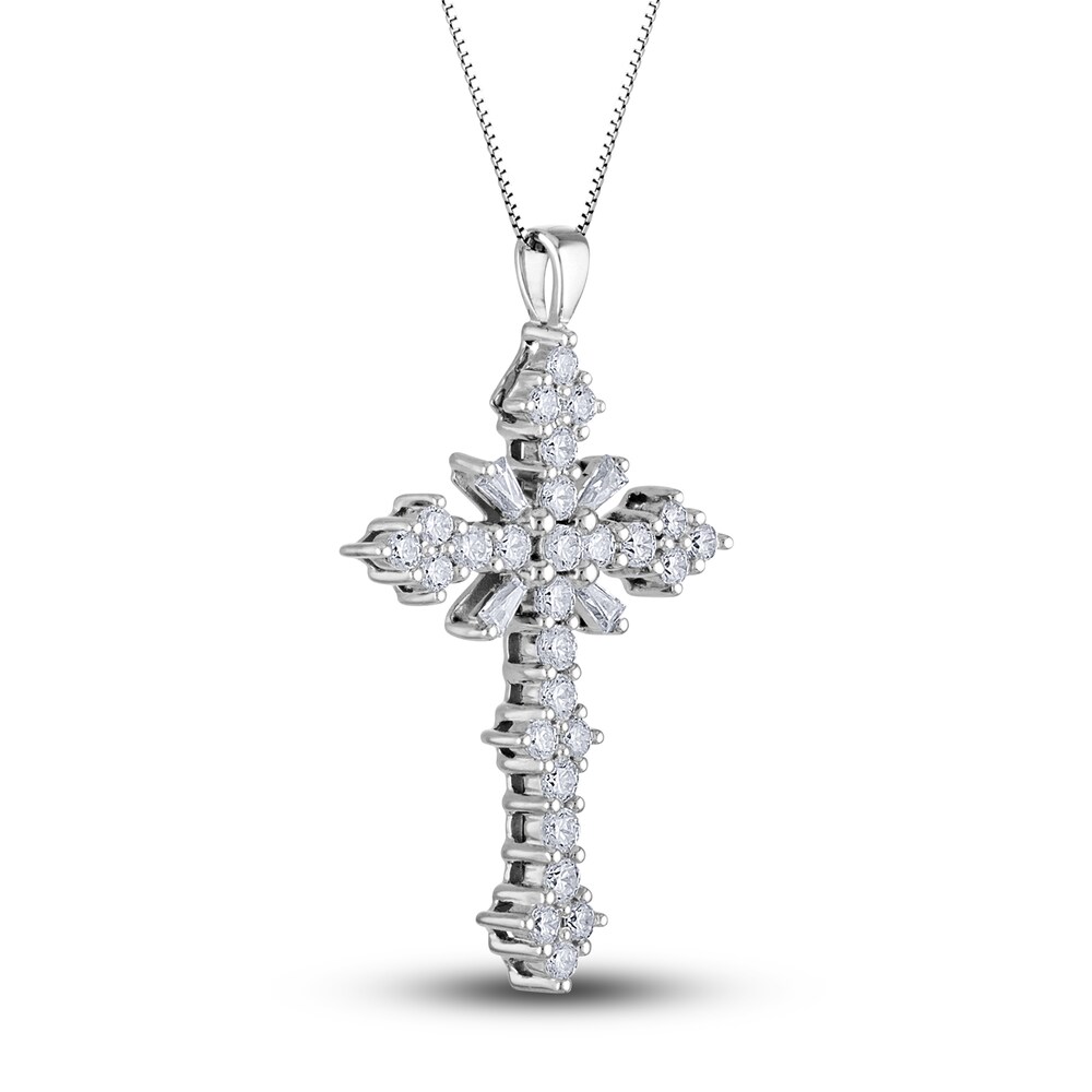 Diamond Cross Pendant Necklace 1 ct tw Round/Baguette 14K White Gold 18\" 2zDIdmuT