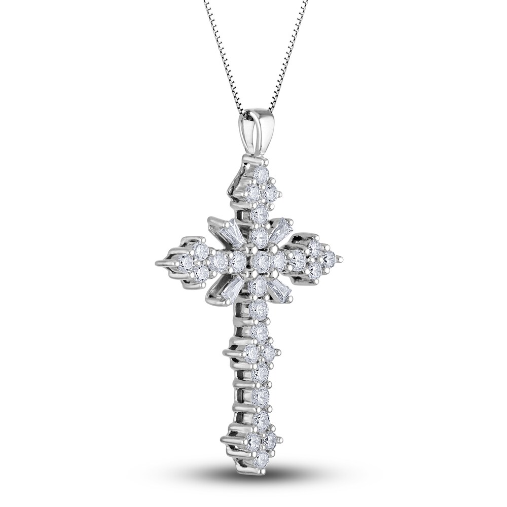 Diamond Cross Pendant Necklace 1-1/2 ct tw Round/Baguette 14K White Gold 18\" 8is4rtCb