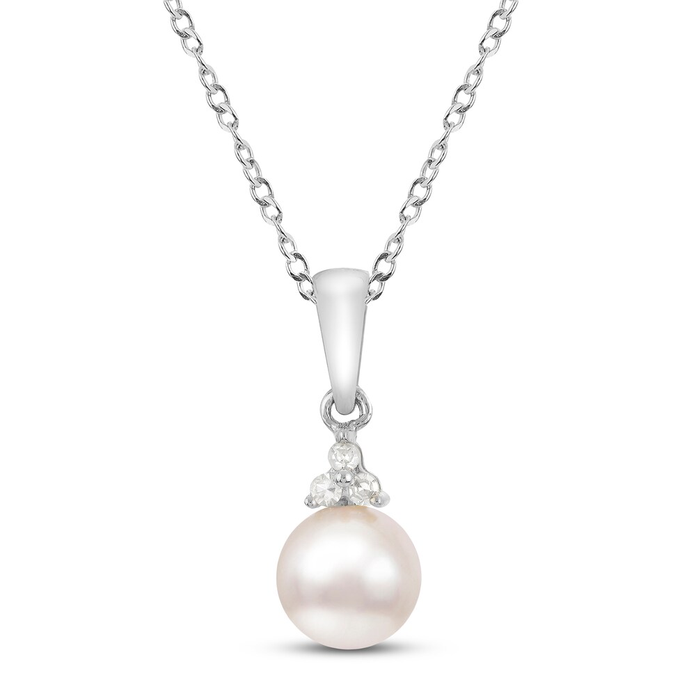 Cultured Akoya Pearl Necklace 1/20 ct tw Diamonds Round 14K White Gold HHzaTAJr