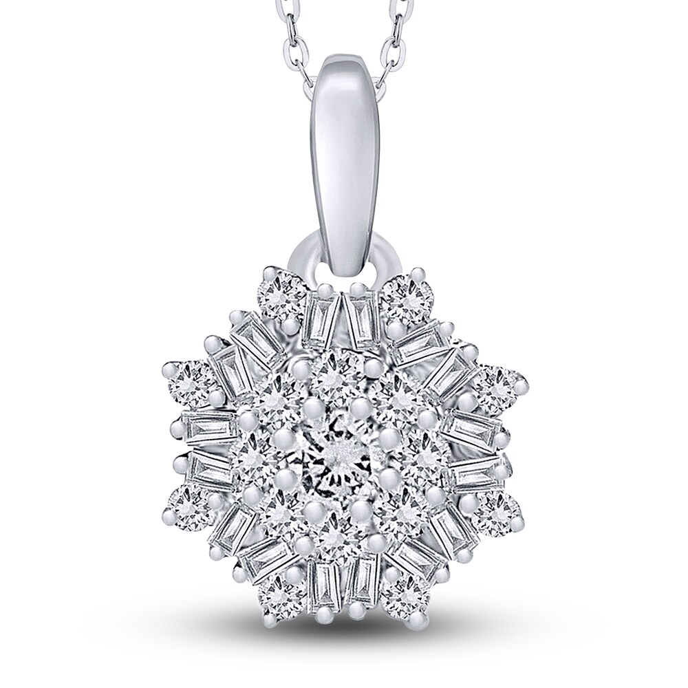 Diamond Pendant Necklace 3/8 ct tw Round/Baguette 14K White Gold 18\" I0ENMND7 [I0ENMND7]