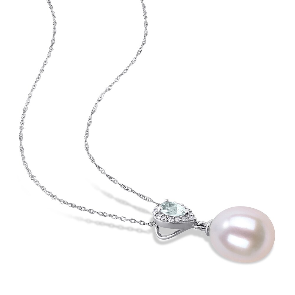 Cultured Freshwater Pearl & Natural Aquamarine Necklace 1/15 ct tw Diamonds 10K White Gold UFp2yMaJ